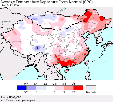 China, Mongolia and Taiwan Average Temperature Departure from Normal (CPC) Thematic Map For 1/6/2020 - 1/12/2020