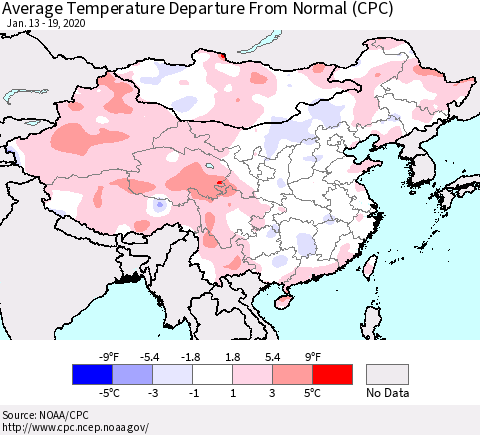 China, Mongolia and Taiwan Average Temperature Departure from Normal (CPC) Thematic Map For 1/13/2020 - 1/19/2020