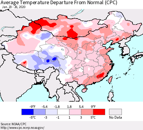 China, Mongolia and Taiwan Average Temperature Departure from Normal (CPC) Thematic Map For 1/20/2020 - 1/26/2020