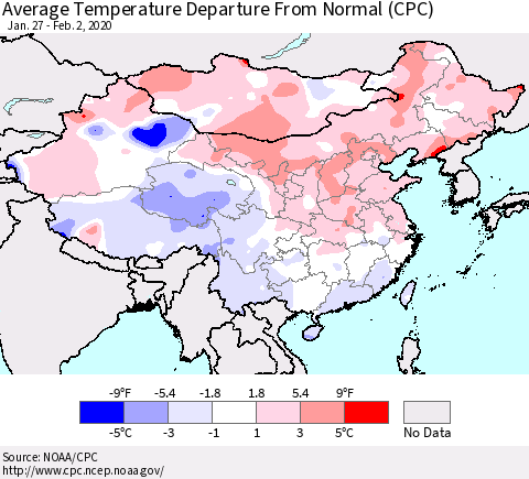 China, Mongolia and Taiwan Average Temperature Departure from Normal (CPC) Thematic Map For 1/27/2020 - 2/2/2020