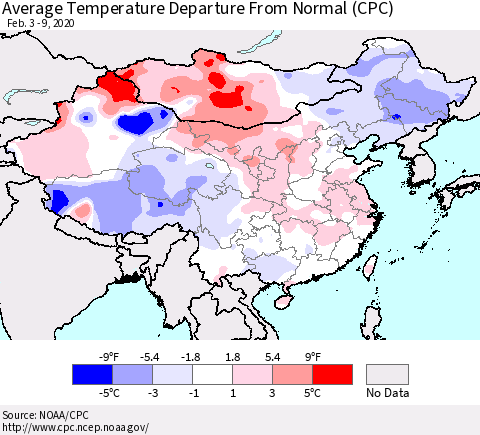 China, Mongolia and Taiwan Average Temperature Departure from Normal (CPC) Thematic Map For 2/3/2020 - 2/9/2020
