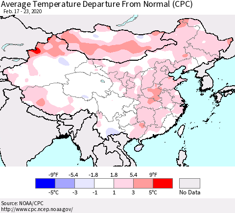 China, Mongolia and Taiwan Average Temperature Departure from Normal (CPC) Thematic Map For 2/17/2020 - 2/23/2020