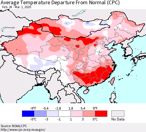China, Mongolia and Taiwan Average Temperature Departure from Normal (CPC) Thematic Map For 2/24/2020 - 3/1/2020