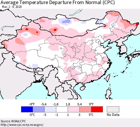 China, Mongolia and Taiwan Average Temperature Departure from Normal (CPC) Thematic Map For 3/2/2020 - 3/8/2020