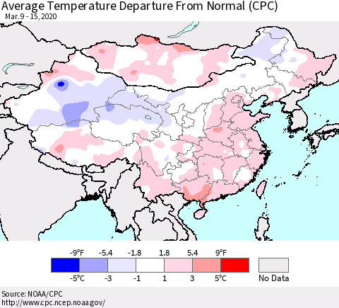 China, Mongolia and Taiwan Average Temperature Departure from Normal (CPC) Thematic Map For 3/9/2020 - 3/15/2020