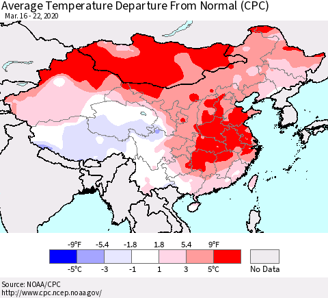 China, Mongolia and Taiwan Average Temperature Departure from Normal (CPC) Thematic Map For 3/16/2020 - 3/22/2020