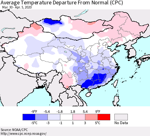 China, Mongolia and Taiwan Average Temperature Departure from Normal (CPC) Thematic Map For 3/30/2020 - 4/5/2020