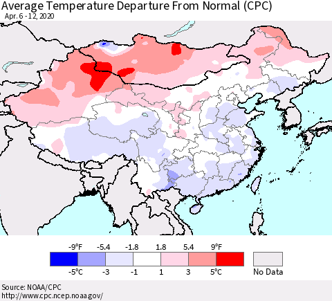 China, Mongolia and Taiwan Average Temperature Departure from Normal (CPC) Thematic Map For 4/6/2020 - 4/12/2020