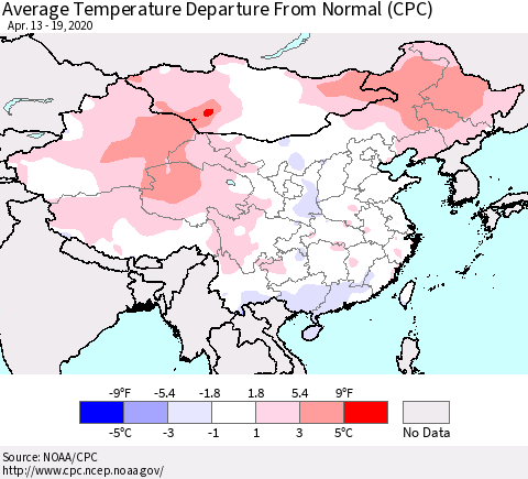 China, Mongolia and Taiwan Average Temperature Departure from Normal (CPC) Thematic Map For 4/13/2020 - 4/19/2020