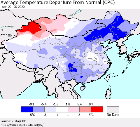 China, Mongolia and Taiwan Average Temperature Departure from Normal (CPC) Thematic Map For 4/20/2020 - 4/26/2020