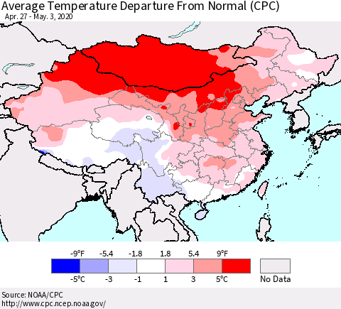 China, Mongolia and Taiwan Average Temperature Departure from Normal (CPC) Thematic Map For 4/27/2020 - 5/3/2020
