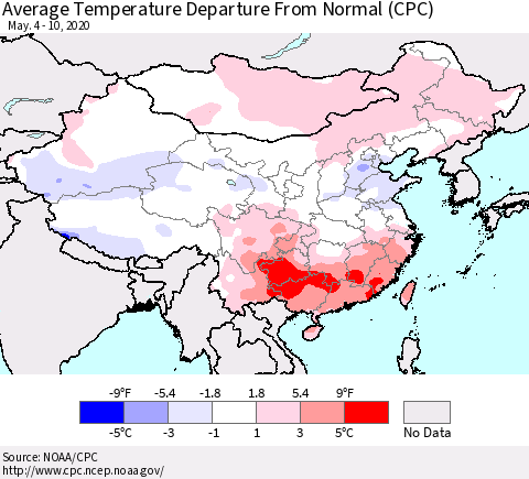 China, Mongolia and Taiwan Average Temperature Departure from Normal (CPC) Thematic Map For 5/4/2020 - 5/10/2020