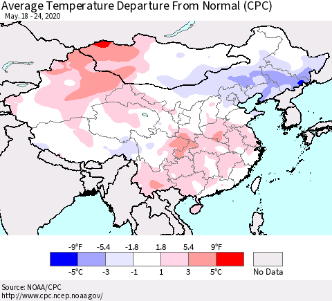 China, Mongolia and Taiwan Average Temperature Departure from Normal (CPC) Thematic Map For 5/18/2020 - 5/24/2020