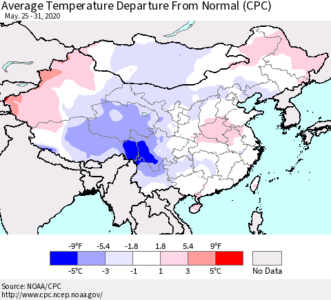 China, Mongolia and Taiwan Average Temperature Departure from Normal (CPC) Thematic Map For 5/25/2020 - 5/31/2020