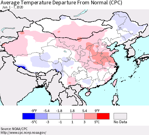 China, Mongolia and Taiwan Average Temperature Departure from Normal (CPC) Thematic Map For 6/1/2020 - 6/7/2020