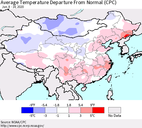 China, Mongolia and Taiwan Average Temperature Departure from Normal (CPC) Thematic Map For 6/8/2020 - 6/14/2020