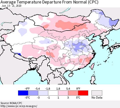 China, Mongolia and Taiwan Average Temperature Departure from Normal (CPC) Thematic Map For 6/15/2020 - 6/21/2020