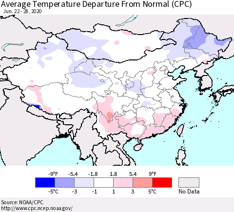 China, Mongolia and Taiwan Average Temperature Departure from Normal (CPC) Thematic Map For 6/22/2020 - 6/28/2020