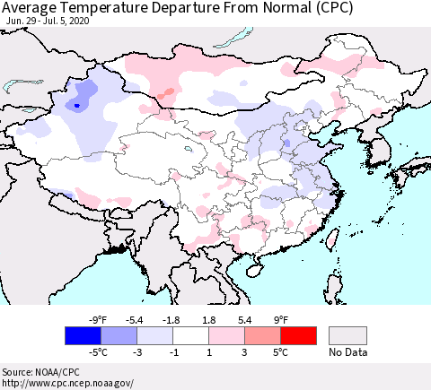 China, Mongolia and Taiwan Average Temperature Departure from Normal (CPC) Thematic Map For 6/29/2020 - 7/5/2020