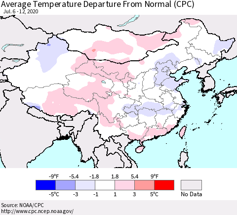 China, Mongolia and Taiwan Average Temperature Departure from Normal (CPC) Thematic Map For 7/6/2020 - 7/12/2020