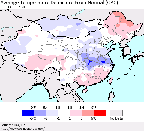 China, Mongolia and Taiwan Average Temperature Departure from Normal (CPC) Thematic Map For 7/13/2020 - 7/19/2020