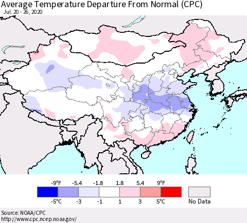 China, Mongolia and Taiwan Average Temperature Departure from Normal (CPC) Thematic Map For 7/20/2020 - 7/26/2020