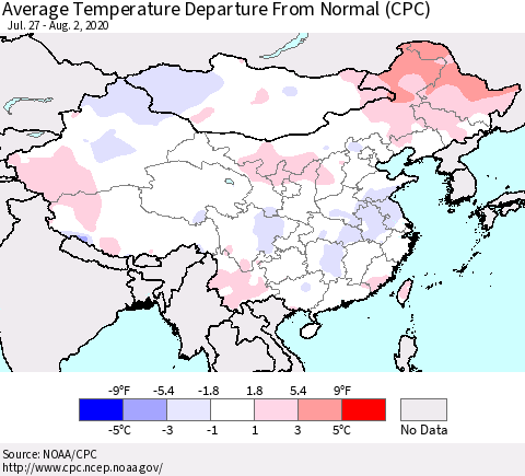 China, Mongolia and Taiwan Average Temperature Departure from Normal (CPC) Thematic Map For 7/27/2020 - 8/2/2020