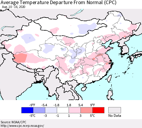 China, Mongolia and Taiwan Average Temperature Departure from Normal (CPC) Thematic Map For 8/10/2020 - 8/16/2020