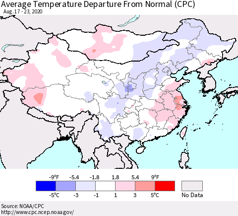 China, Mongolia and Taiwan Average Temperature Departure from Normal (CPC) Thematic Map For 8/17/2020 - 8/23/2020