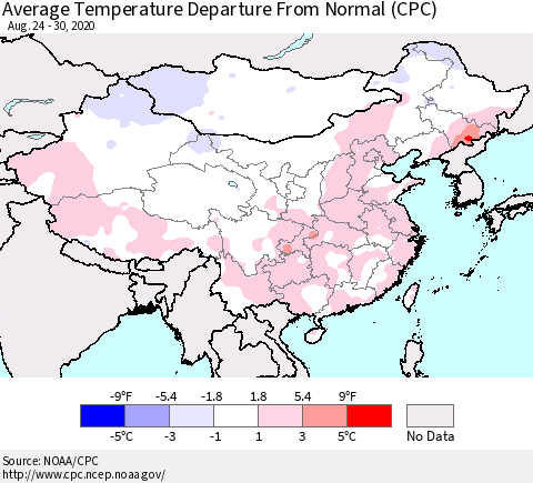 China, Mongolia and Taiwan Average Temperature Departure from Normal (CPC) Thematic Map For 8/24/2020 - 8/30/2020