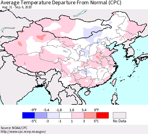 China, Mongolia and Taiwan Average Temperature Departure from Normal (CPC) Thematic Map For 8/31/2020 - 9/6/2020