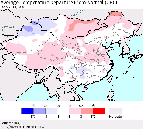China, Mongolia and Taiwan Average Temperature Departure from Normal (CPC) Thematic Map For 9/7/2020 - 9/13/2020