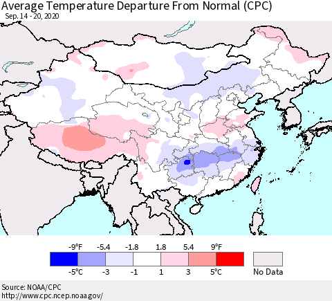 China, Mongolia and Taiwan Average Temperature Departure from Normal (CPC) Thematic Map For 9/14/2020 - 9/20/2020