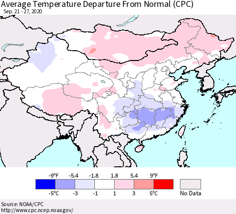 China, Mongolia and Taiwan Average Temperature Departure from Normal (CPC) Thematic Map For 9/21/2020 - 9/27/2020