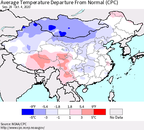 China, Mongolia and Taiwan Average Temperature Departure from Normal (CPC) Thematic Map For 9/28/2020 - 10/4/2020
