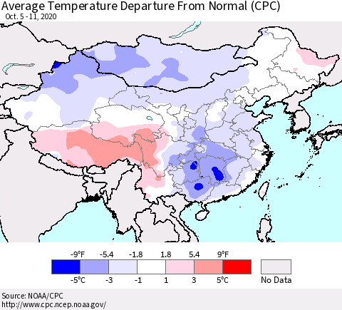 China, Mongolia and Taiwan Average Temperature Departure from Normal (CPC) Thematic Map For 10/5/2020 - 10/11/2020