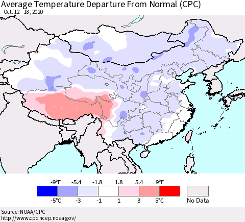 China, Mongolia and Taiwan Average Temperature Departure from Normal (CPC) Thematic Map For 10/12/2020 - 10/18/2020
