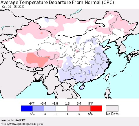 China, Mongolia and Taiwan Average Temperature Departure from Normal (CPC) Thematic Map For 10/19/2020 - 10/25/2020