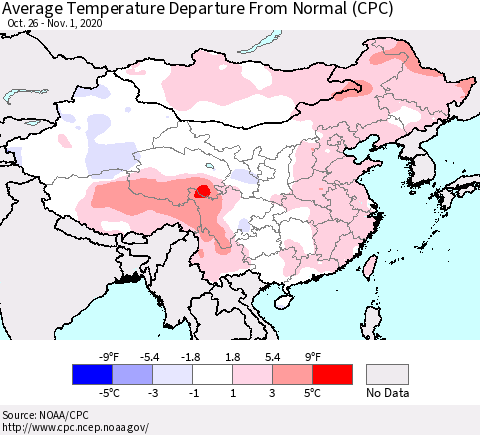China, Mongolia and Taiwan Average Temperature Departure from Normal (CPC) Thematic Map For 10/26/2020 - 11/1/2020