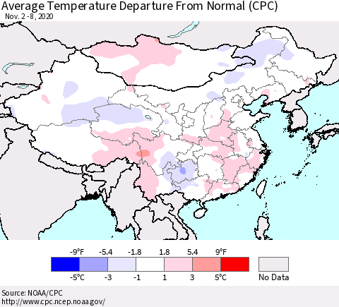 China, Mongolia and Taiwan Average Temperature Departure from Normal (CPC) Thematic Map For 11/2/2020 - 11/8/2020