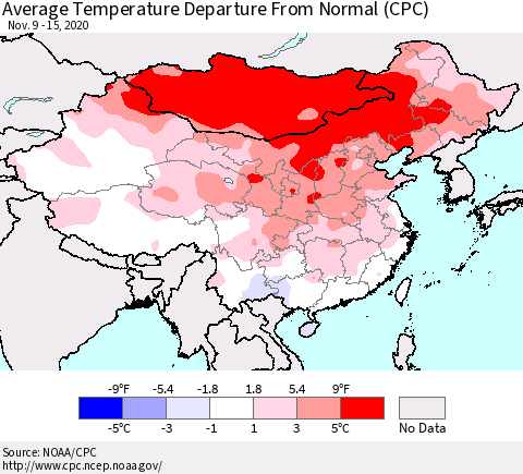 China, Mongolia and Taiwan Average Temperature Departure from Normal (CPC) Thematic Map For 11/9/2020 - 11/15/2020
