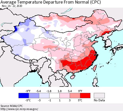 China, Mongolia and Taiwan Average Temperature Departure from Normal (CPC) Thematic Map For 11/16/2020 - 11/22/2020