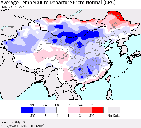 China, Mongolia and Taiwan Average Temperature Departure from Normal (CPC) Thematic Map For 11/23/2020 - 11/29/2020
