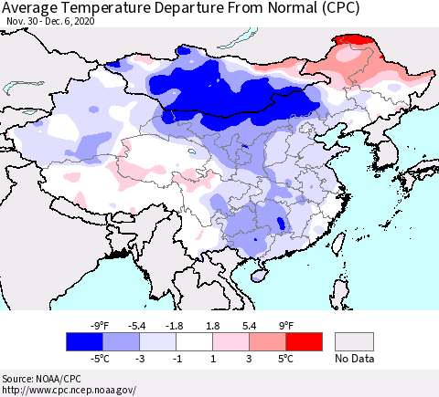 China, Mongolia and Taiwan Average Temperature Departure from Normal (CPC) Thematic Map For 11/30/2020 - 12/6/2020