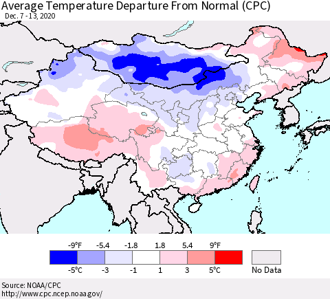 China, Mongolia and Taiwan Average Temperature Departure from Normal (CPC) Thematic Map For 12/7/2020 - 12/13/2020