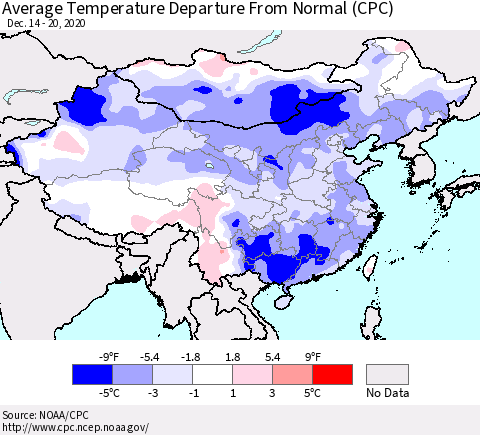 China, Mongolia and Taiwan Average Temperature Departure from Normal (CPC) Thematic Map For 12/14/2020 - 12/20/2020