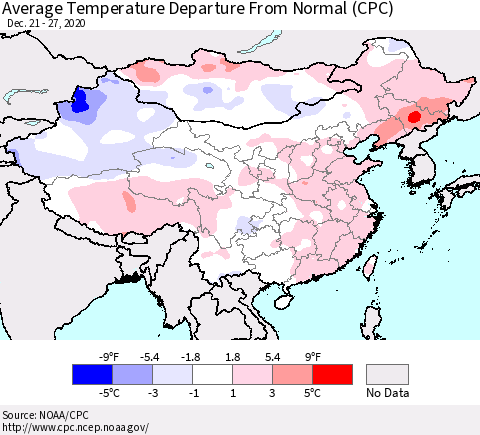 China, Mongolia and Taiwan Average Temperature Departure from Normal (CPC) Thematic Map For 12/21/2020 - 12/27/2020