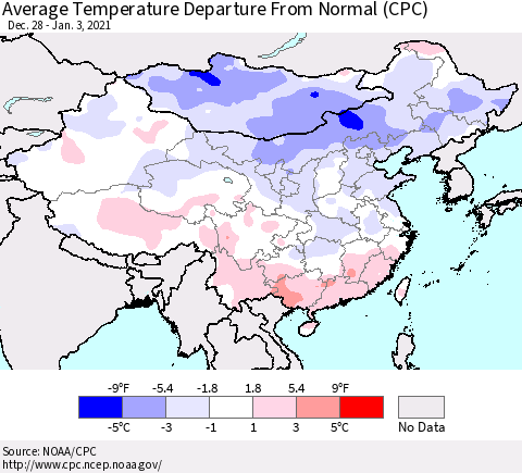 China, Mongolia and Taiwan Average Temperature Departure from Normal (CPC) Thematic Map For 12/28/2020 - 1/3/2021