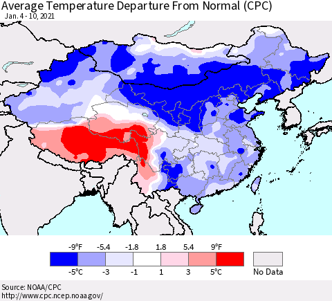 China, Mongolia and Taiwan Average Temperature Departure from Normal (CPC) Thematic Map For 1/4/2021 - 1/10/2021