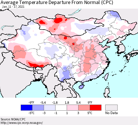 China, Mongolia and Taiwan Average Temperature Departure from Normal (CPC) Thematic Map For 1/11/2021 - 1/17/2021